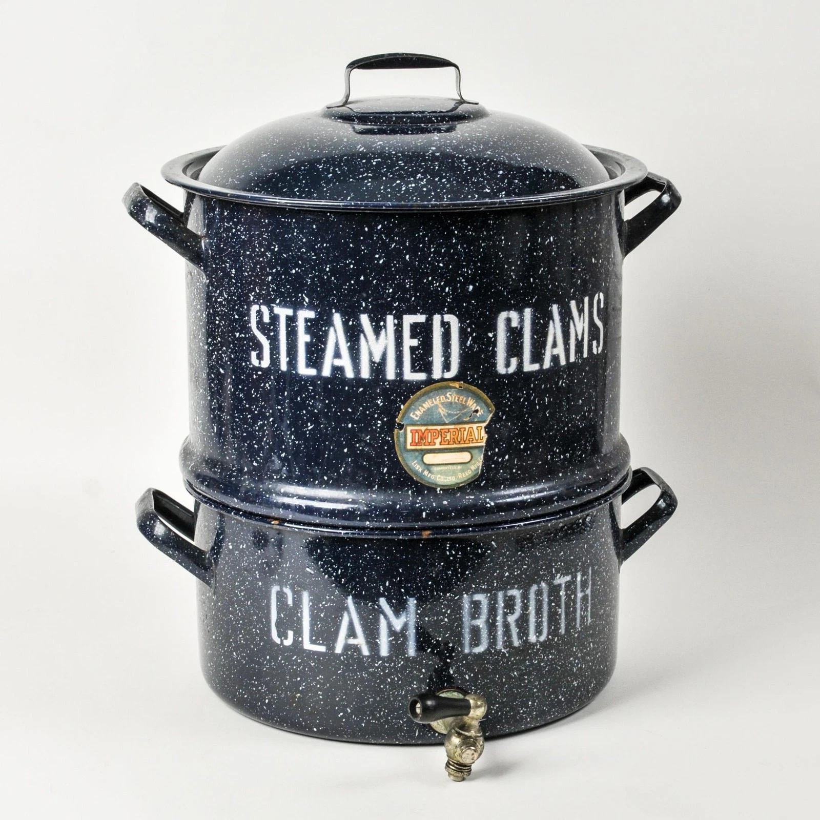 Vintage Imperial Blue Fleck Enamelware Steamer Pot Steamed Clams Clam Broth Pot