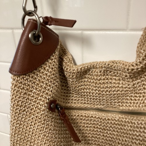 The Sak Tan Brown Crochet Double Handle Shoulder Bag Boho Zip Closure Purse - Picture 3 of 19
