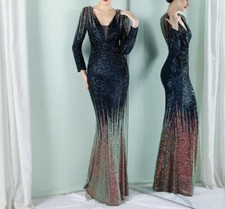 Women's Splicing Long Sleeve Stage Slim Fit Deep V-Neck Formal dress Fashion New
