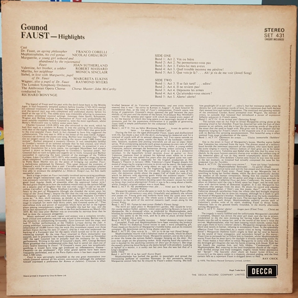 Corelli, Sutherland, Bonynge – Gounod's Faust Highlights - LP Record excellent - Image 2 of 3