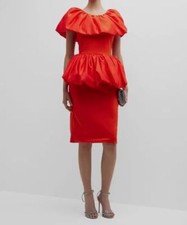 $650 Jovani Women's Orange Ruffled Peplum Midi Bodycon Dress Size 6