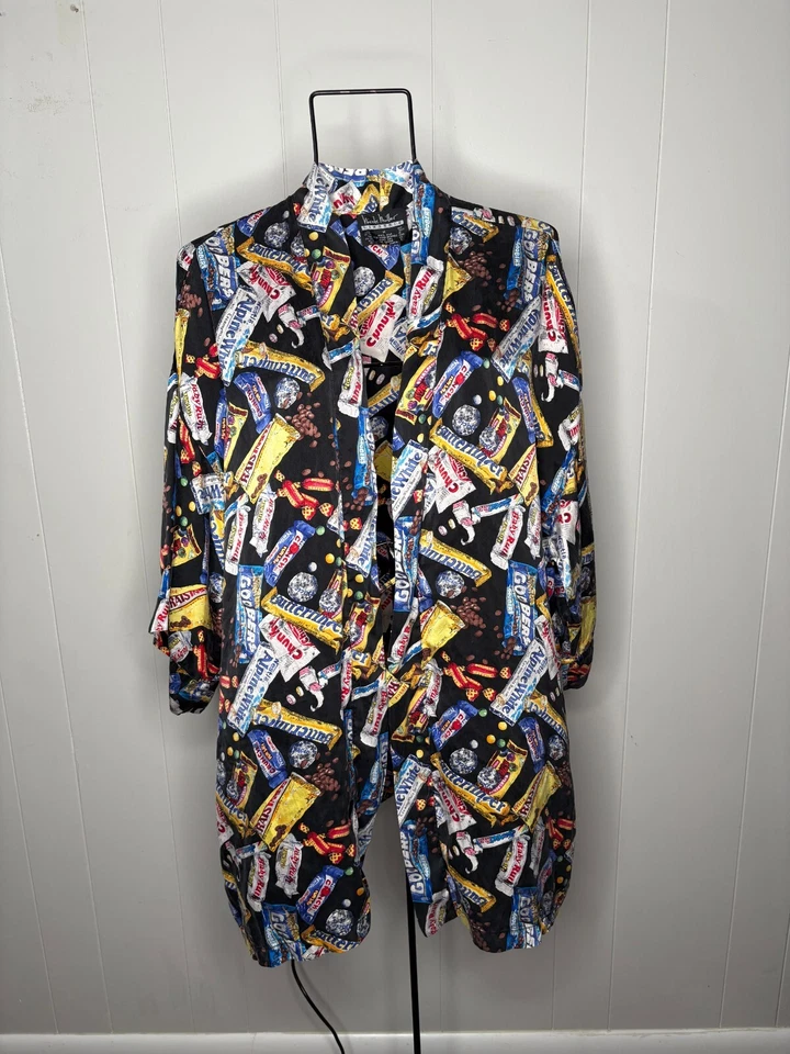 RARO Vintage Nicole Miller Bata de Seda Barras de Caramelo Raro Chocolate Estampado por Todas Partes M Foto 2 de 4