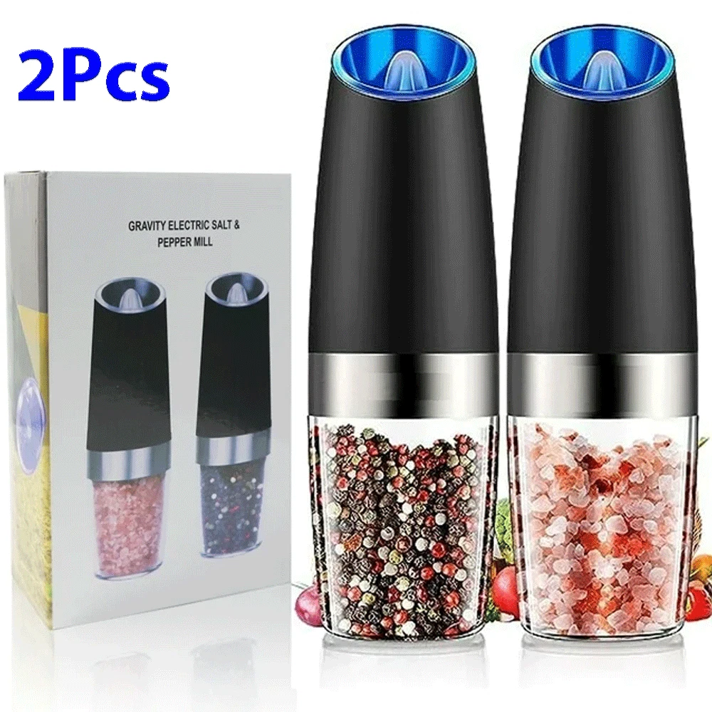 2 Pack Gravity Electric Salt and Pepper Grinder Mill Shaker Adjustable Automatic