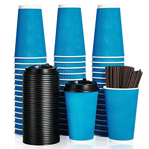 16 OZ Coffee Cups with Lids and Straws 80 Count Insulated Ripple Wall ...