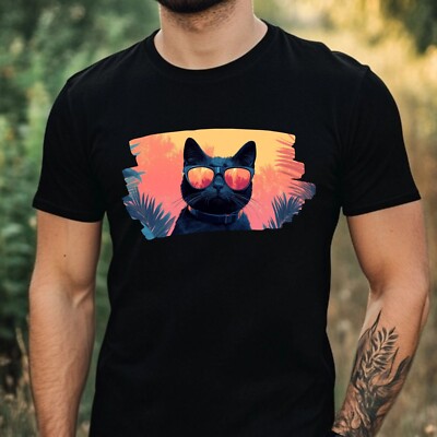 Mens Cat Sunglasses Cotton T-Shirt Size XS to 5XL