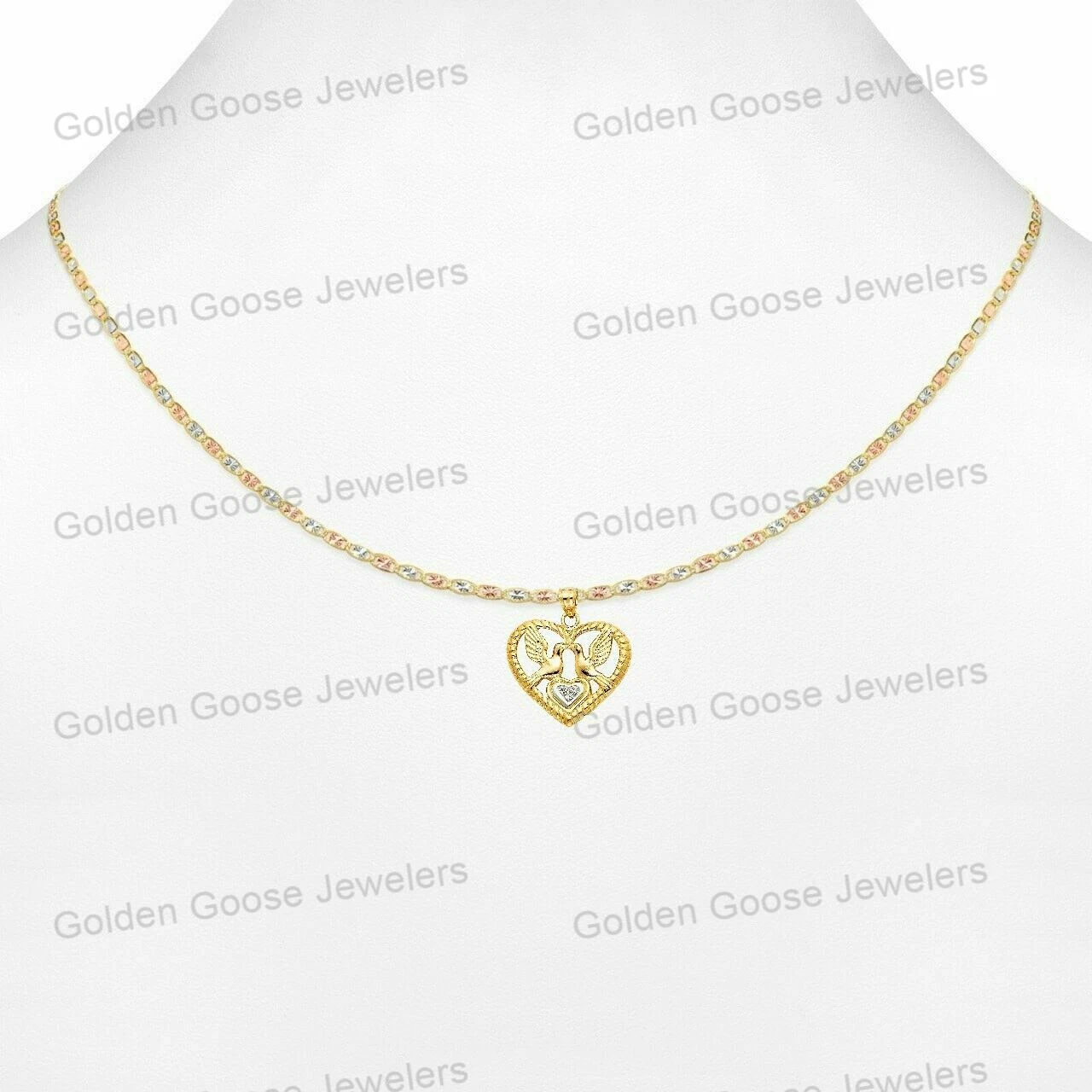 Ciondolo in vero oro bianco o giallo 14 kt con due uccellini innamorati catena Valentino