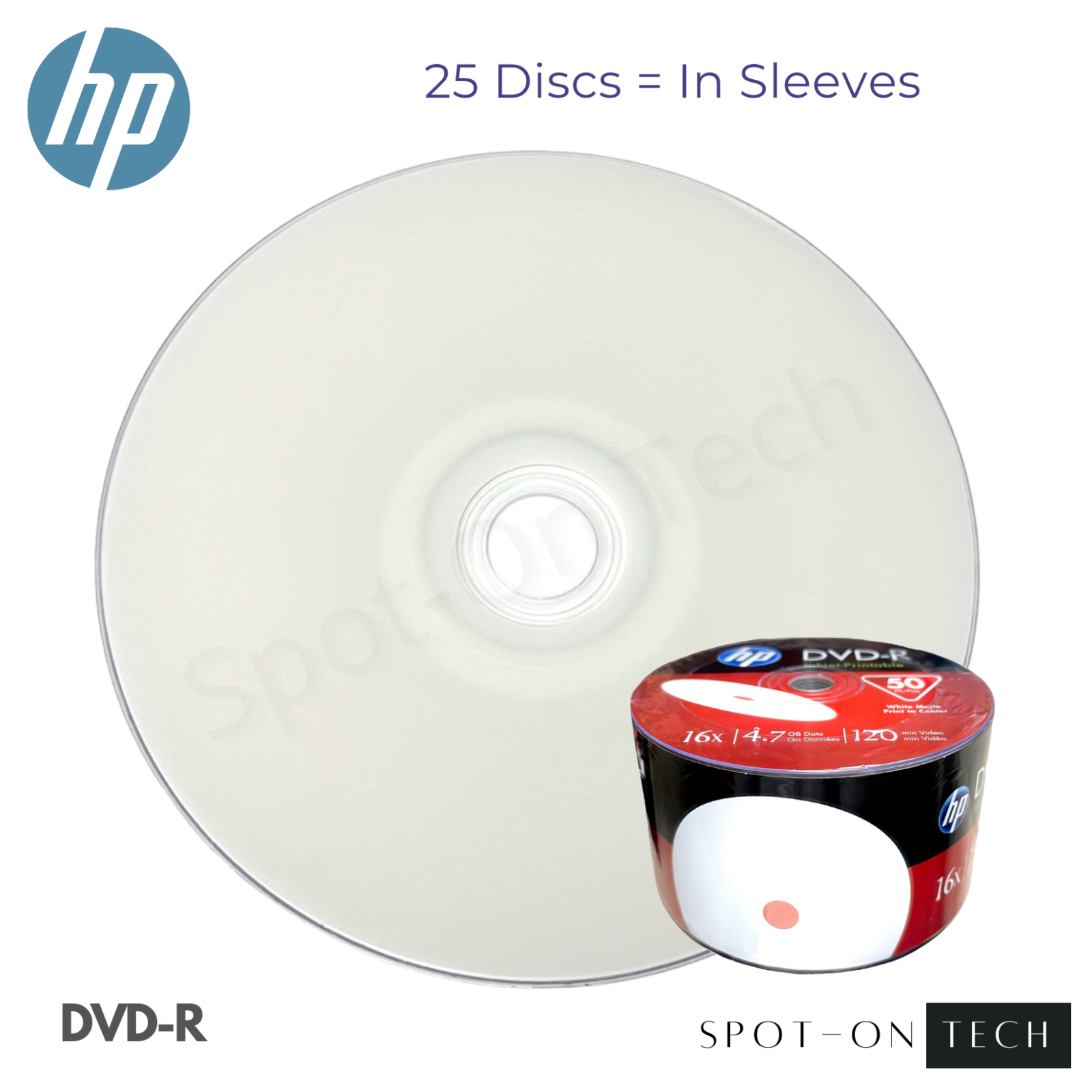 25 HP DVD DVDR White Inkjet Print 16X Blank Media Disc w/sleeves SAME