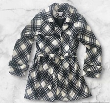 Luii Plaid Short Trench Coat Jacket Size Large Black White Cinched Waist Belt