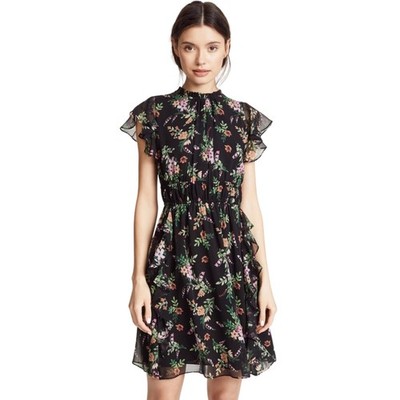 Shoshanna Amora Silk Chiffon Floral Mini Dress Black Size 4 Ruffle Fit and Flare
