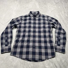 MIZZEN MAIN Performance Shirt Mens Medium Gray Blue Plaid Long Sleeve TRIM