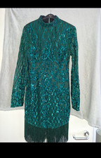 Women’s Green Sequin High Neck Long Sleeve Fitted Fringe Hem Mini Dress 12