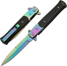 Spring-Assist Folding Pocket Knife  4in Rainbow Stiletto Blade Black Handle
