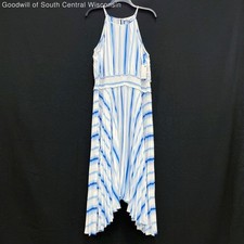NWT Wmns NINE WEST Blue & White Striped Sleeveless Pleated Summer Midi Dress XL