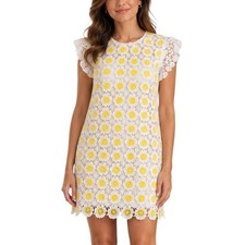 J.Crew Embroidered Daisy Crochet Lace Shift Dress Size 6 White Yellow Floral
