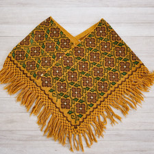 Vintage Woven Poncho Shawl with Fringe Boho Folk Floral Pattern