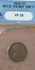 1922 No D 1C Lincoln Wheat Cent ANACS VF 25 FS-401 Die 2 Key Date