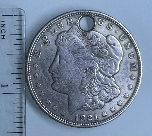 1921 US Morgan Silver Dollar - Low Grade - Holed Bullion - No Mint Mark
