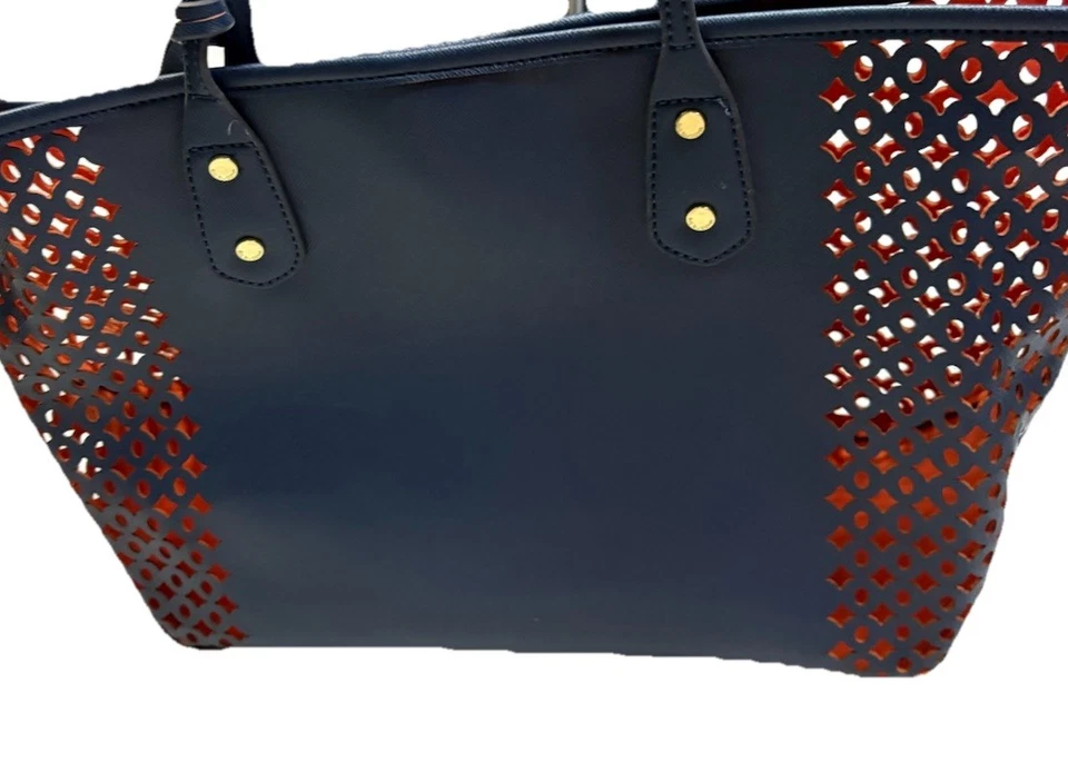 Bolsa tote Big Buddha couro vegano perfurado azul marinho e laranja bolsa de mão grande boho - Imagem 3 de 4