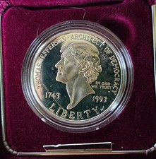 1993-S Thomas Jefferson 250th Anniversary Proof Silver Dollar Coin OGP COA