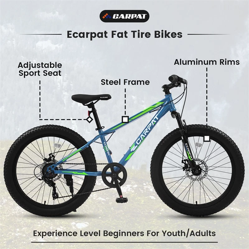 24" Fat Tire Bike Shimano 7-Speed Front Suspension Mountain Bike for Adult Youth - Image 3 of 4