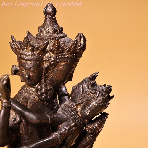 12" Old Tibet Bronze 3 Head 6 Arms Mahakala Buddha Ushnishavijaya Seat Statue - Picture 4 of 14