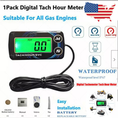 Digital Tachometer Hour Meter w/ Max RPM Recall 2 & 4 Stroke Engine For Go Kart·
