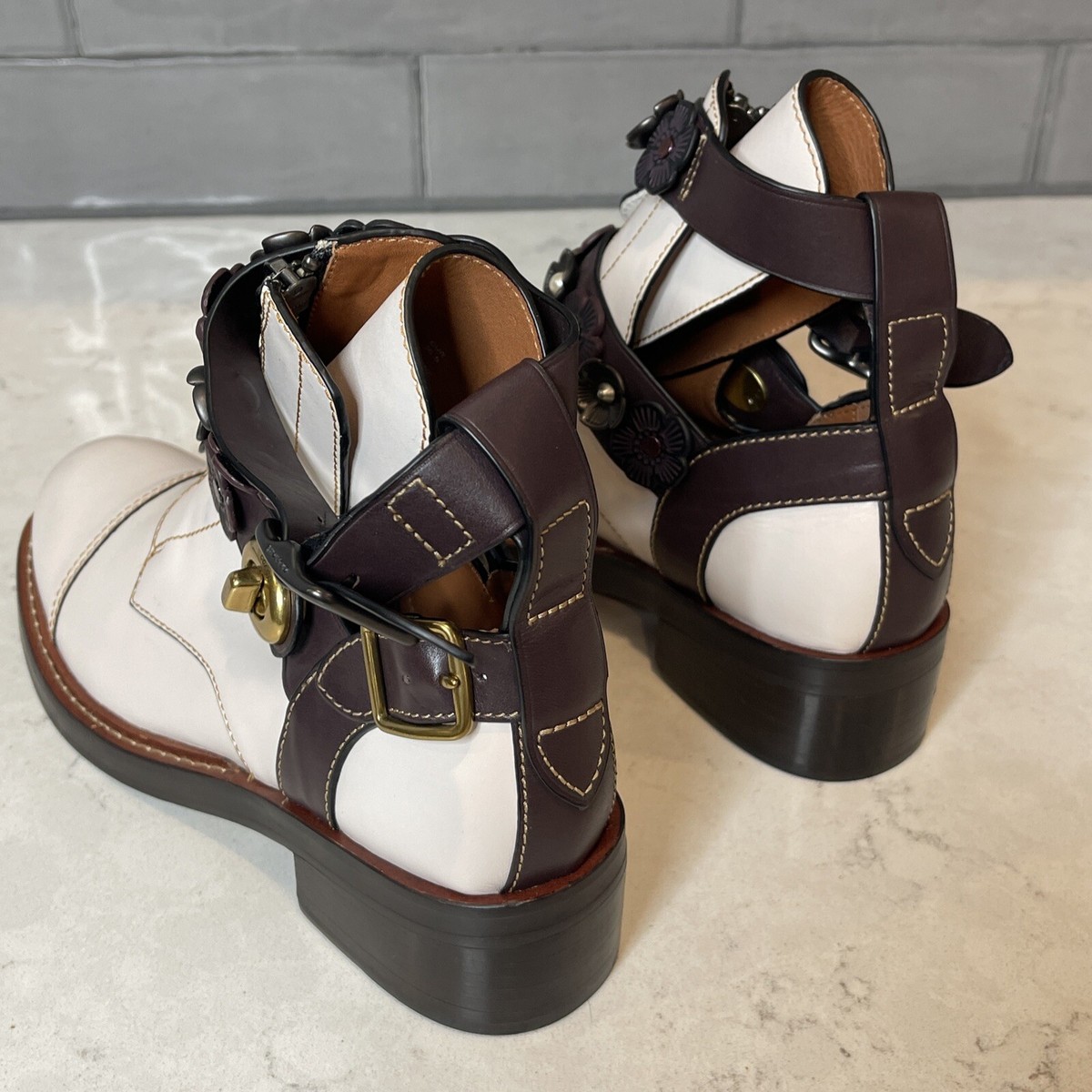 Coach Women's Zip Moto Boots Chalk/Oxford Strapped Cut Out