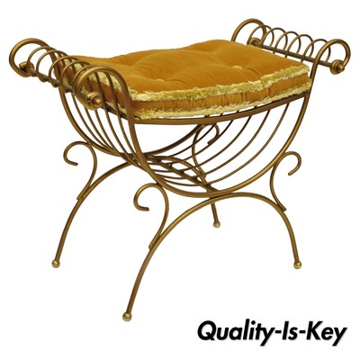 Italian Hollywood Regency Gold Curule Wrought Iron X Frame Vanity