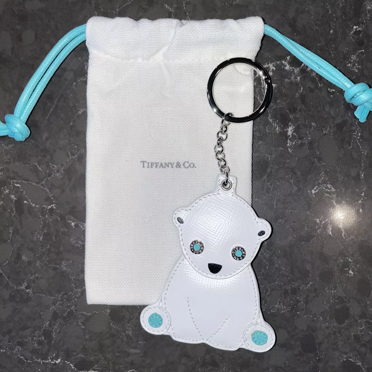 TIFFANY & CO. Leather Animal Charm Polar Bear Keychain White Keyring  TGIS