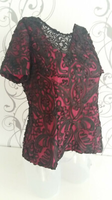 ALEX EVENINGS Damen festliche Kurzarm  Bluse Top Spitze schwarz pink Größe L NEU
