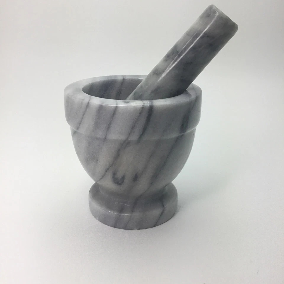 Mortero y mortero de piedra de mármol gris pesado blanco vintage 4”Tx4”W Foto 4 de 4