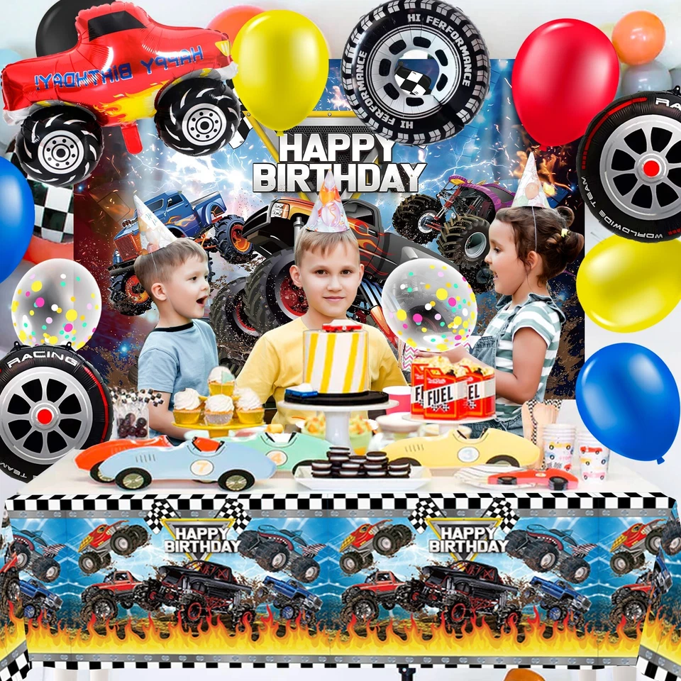 Decorações de festa Monster Truck, balões de aniversário de carro conjunto de suprimentos de toalha de mesa - Imagem 4 de 4