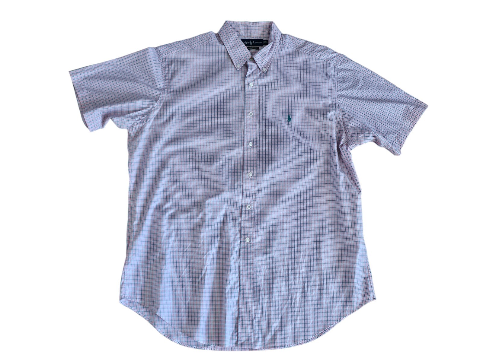 Polo Ralph Lauren Camicia Uomo XL Rosa Verde a Quadri Maniche Corta Pony Fit Classico