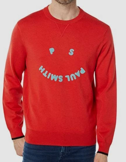 $275 Paul Smith Menu0026#039;s Red Crew-Neck Happy Face Logo Sweater Sweatshirt  M | eBay