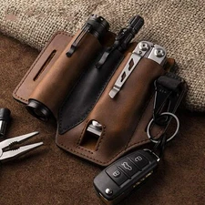 Sheath Leather EDC Pocket Organizer Multitool Pen Holder Key Flashlight Pouch