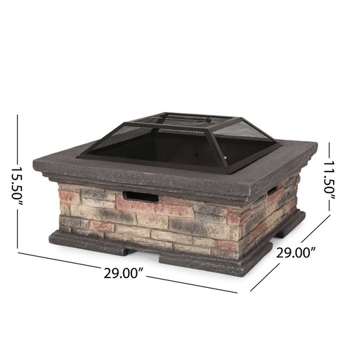 Outdoor Lightweight Concrete Wood Burning Square Fire Pit, Stone Finish - Picture 4 of 9