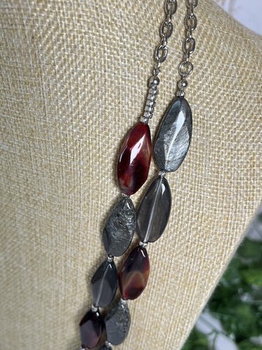 NALI Long Double Strand Burgundy & Grey Acrylic Bead Statement Necklace 1234 - Picture 7 of 13