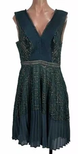 French Connection Dress A-line Pleated Lace Teal Nude Fit Flare Ruffle US-8 UK12