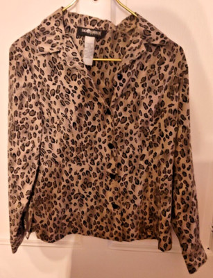 Sag Harbor Petite Women's Sz 6 LS Leopard Print Button Up Silky Blouse