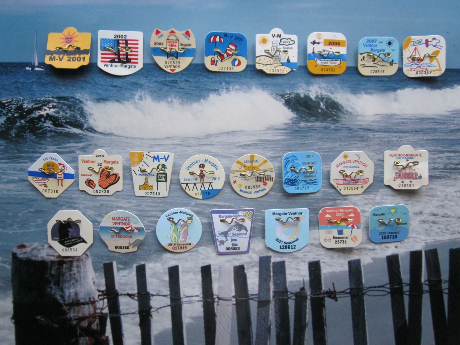 23  YEAR COLLECTION MARGATE / VENTNOR  NEW  JERSEY  SEASONAL  BEACH BADGES/TAGS