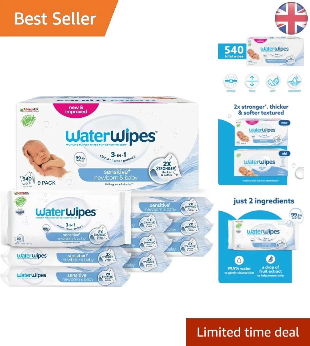 Thicker, Softer Sensitive+ Baby Wipes - 540 Count, Eco-Friendly & Hypoallergenic