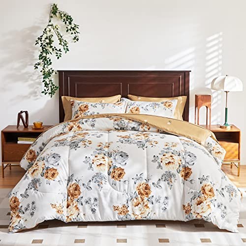 Bed in a Bag Queen, 7 Piece Floral Comforter Sheet Set, Brown n Gray Flower - Imagen 2 de 8