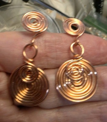 Handmade USA Mined Copper Double Spiral Earrings - Studded Pierced