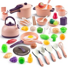 56Pcs Mini Play Kitchen Accessories Kids Pretend Cooking Playset Cookware Pink