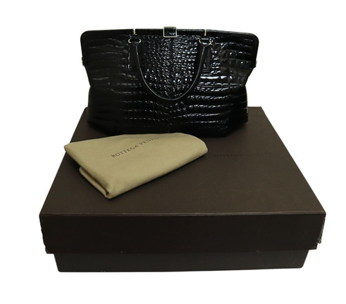 Bottega Veneta Vintage Black Crocodile Leather Handbag Purse with Mirror