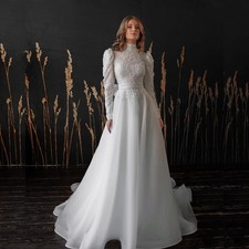 Vintage High Neck Full Sleeves Lace Applique Wedding Dress Back Bow Bridal Grown