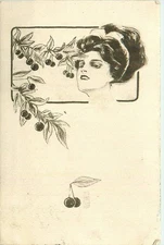 1910 Art Nouveau Illustration of Woman With Clusters Of Cherries - Vtg Postcard 