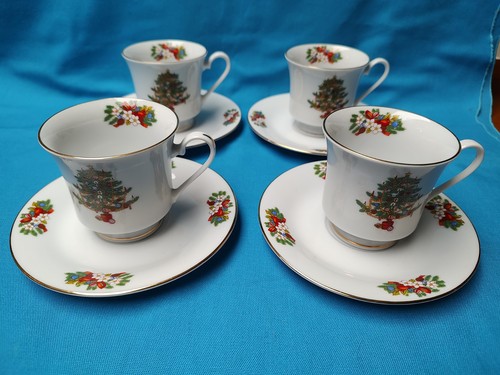 4 Crown Ming Mistelzweig Weihnachtsbaum Tasse & Untertassen Goldrand, Porzellan - Bild 1 von 3