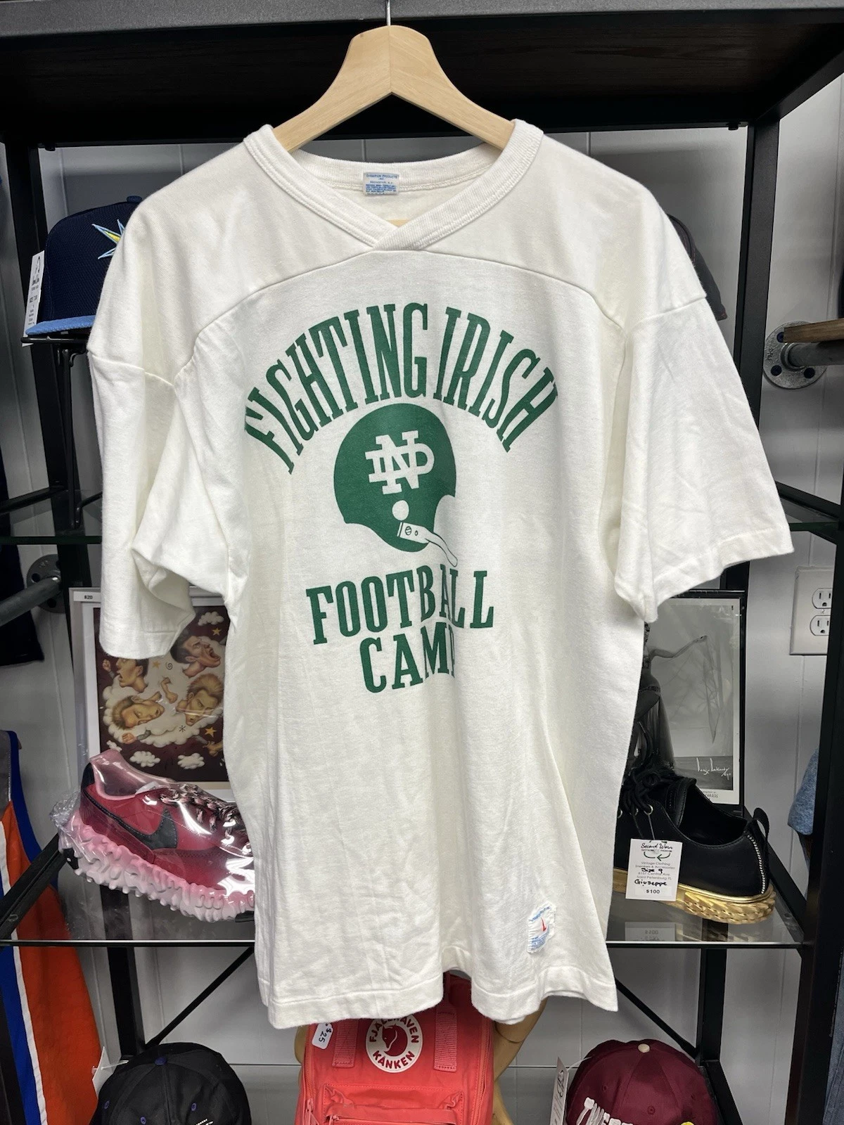 Vintage 80s Champion Notre Dame FIGHTING IRISH Football Camp T-Shirt Size Large