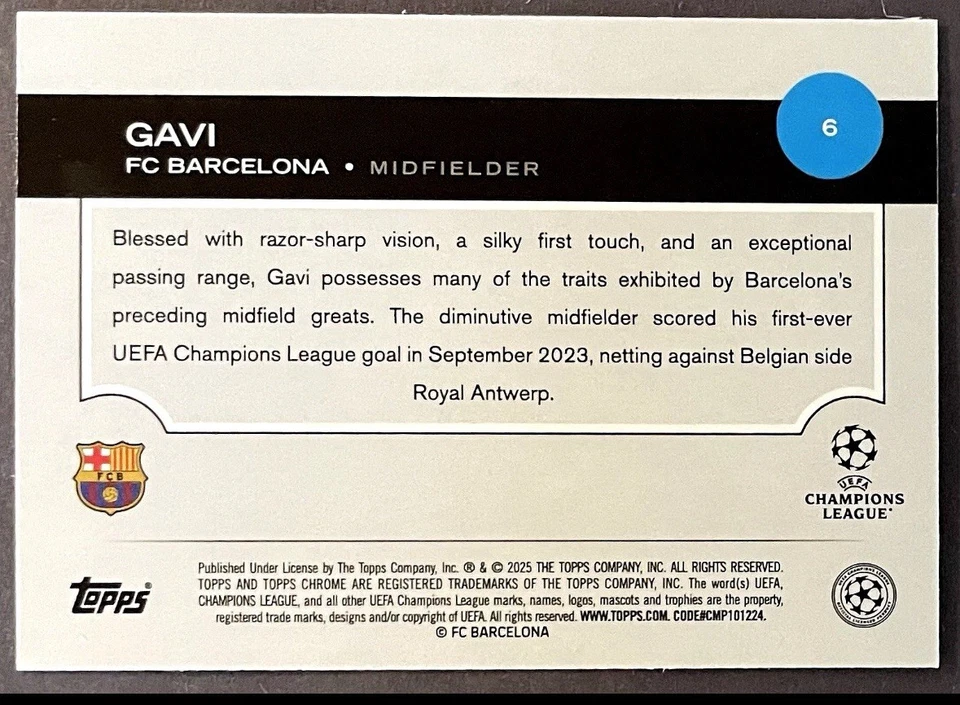 2024-25 Topps Chrome UEFA Club Competitions Wave Refractor Gavi #6 - Image 2 of 2